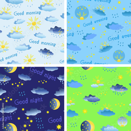 Set of seamless patterns on the theme of weather with rain  sun