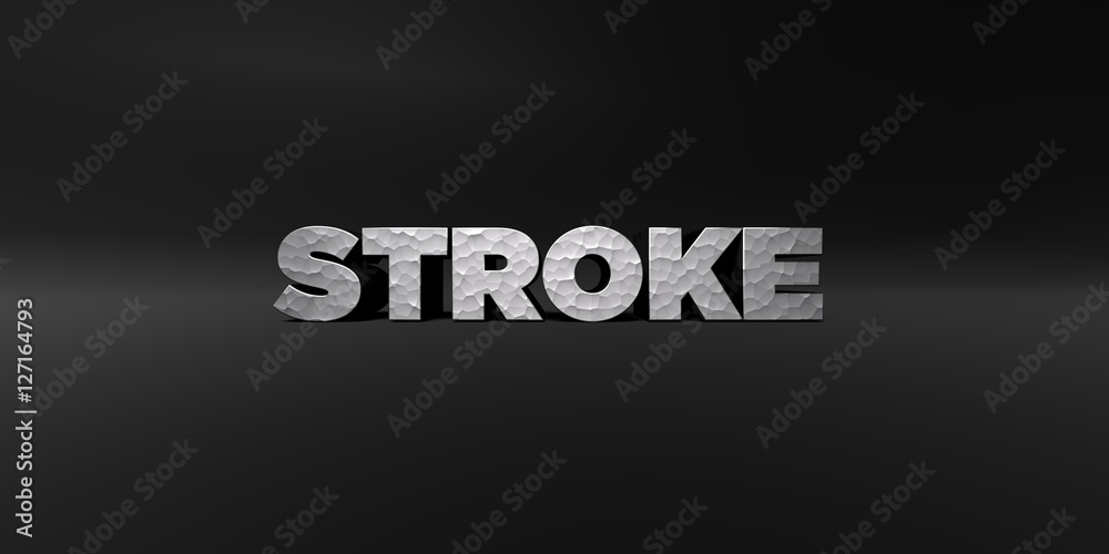 STROKE - hammered metal finish text on black studio - 3D rendered royalty free stock photo. This image can be used for an online website banner ad or a print postcard.