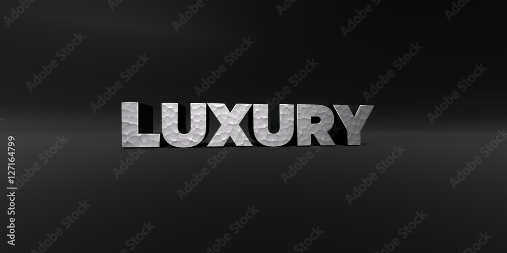 LUXURY - hammered metal finish text on black studio - 3D rendered royalty free stock photo. This image can be used for an online website banner ad or a print postcard.