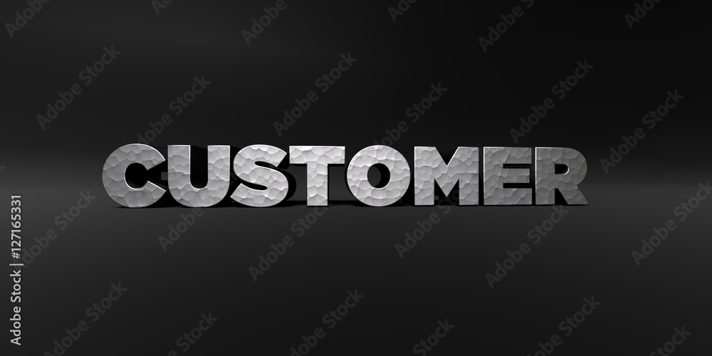 CUSTOMER - hammered metal finish text on black studio - 3D rendered royalty free stock photo. This image can be used for an online website banner ad or a print postcard. CUSTOMER - hammered metal finish text on black studio - 3D rendered royalty free stock photo. This image can be used for an online website banner ad or a print postcard.