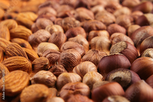 Nut background of different nuts - almond, hazelnut and kernel close-up. Vegetarian background.