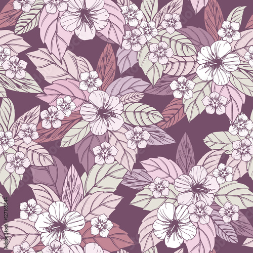 Autumn floral seamless pattern with hibiscus flowers.