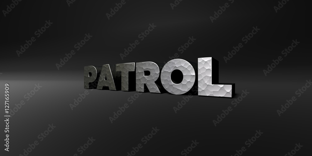 PATROL - hammered metal finish text on black studio - 3D rendered royalty free stock photo. This image can be used for an online website banner ad or a print postcard. PATROL - hammered metal finish text on black studio - 3D rendered royalty free stock photo. This image can be used for an online website banner ad or a print postcard.