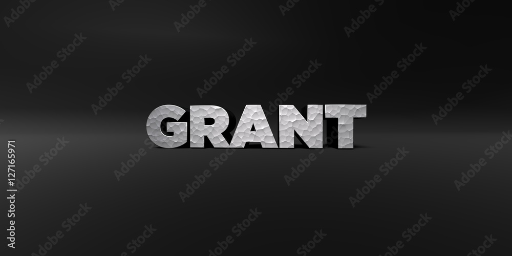 GRANT - hammered metal finish text on black studio - 3D rendered royalty free stock photo. This image can be used for an online website banner ad or a print postcard.