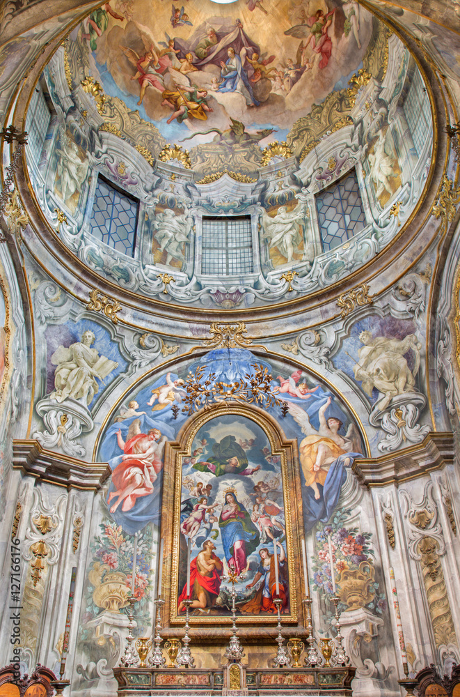 BRESCIA, ITALY - MAY 22, 2016: The Immaculate chapel in church Chiesa di San Francesco d'Assisi with Immaculate altar piece by Grazio Cossali (1563  - 1629), and frecoes by G. B. Sassi (1679 - 1762).
