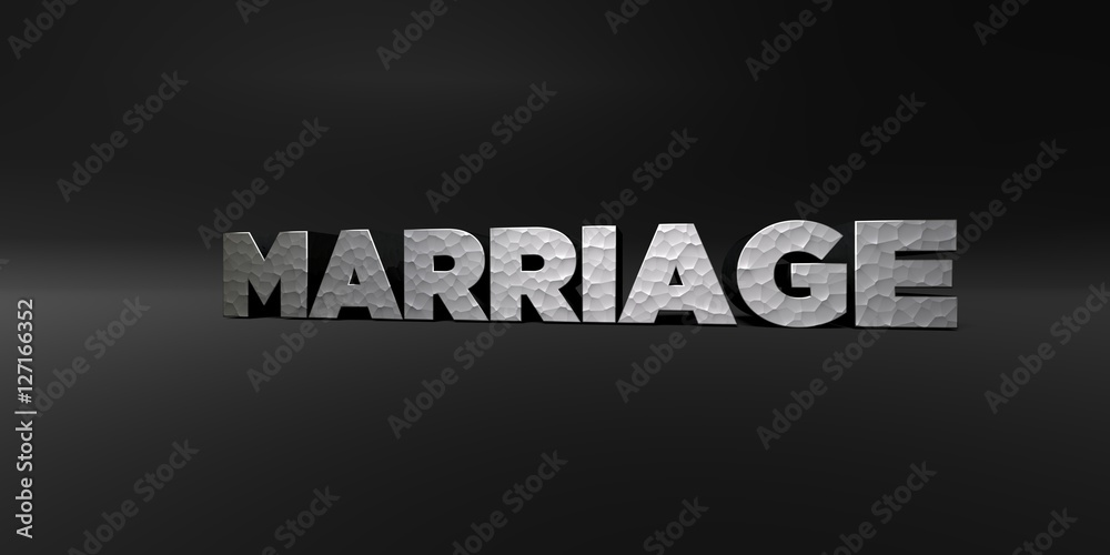 Obraz premium MARRIAGE - hammered metal finish text on black studio - 3D rendered royalty free stock photo. This image can be used for an online website banner ad or a print postcard.