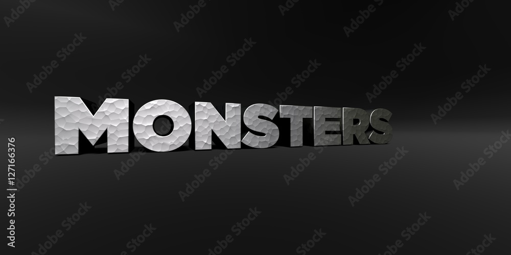 Fototapeta premium MONSTERS - hammered metal finish text on black studio - 3D rendered royalty free stock photo. This image can be used for an online website banner ad or a print postcard.