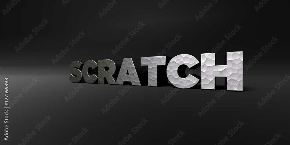 SCRATCH - hammered metal finish text on black studio - 3D rendered royalty free stock photo. This image can be used for an online website banner ad or a print postcard.