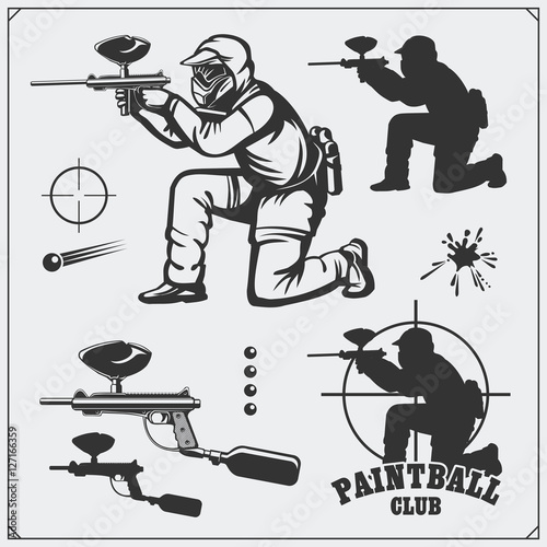 Set of paintball club labels, emblems, symbols, icons and design elements. Shooting man and paintball equipment.