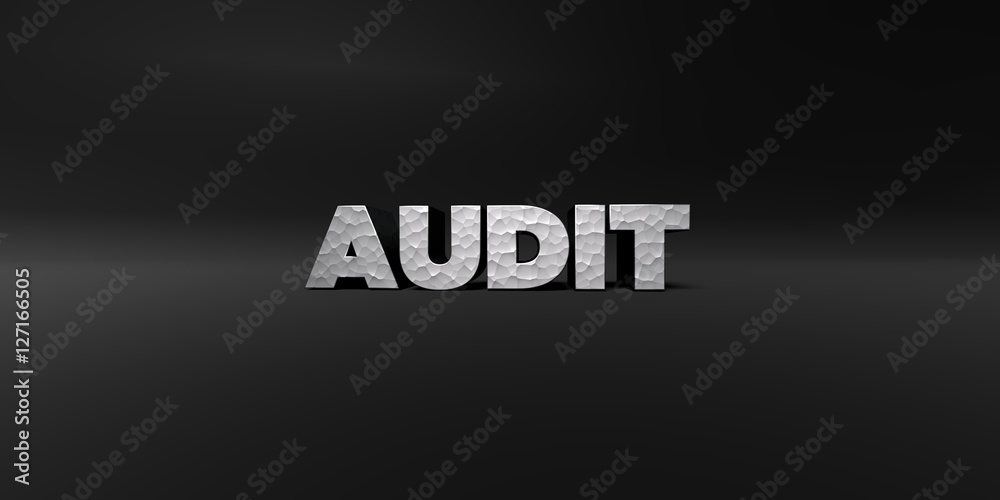 Obraz premium AUDIT - hammered metal finish text on black studio - 3D rendered royalty free stock photo. This image can be used for an online website banner ad or a print postcard.