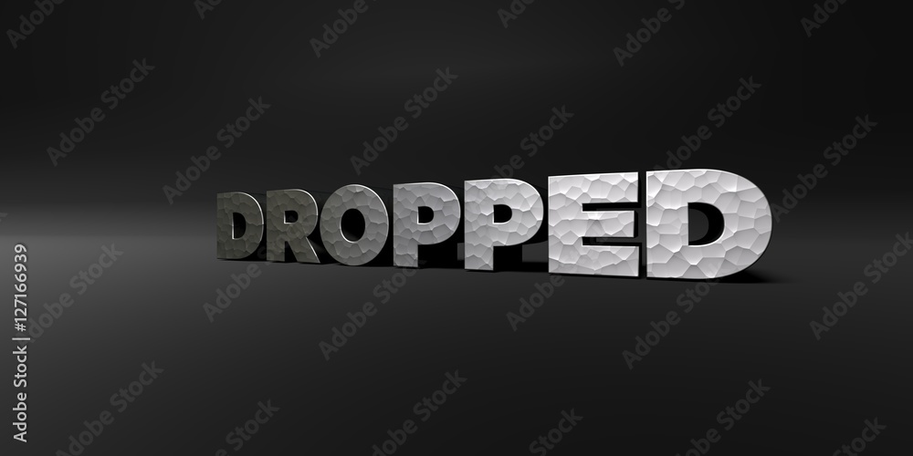DROPPED - hammered metal finish text on black studio - 3D rendered royalty free stock photo. This image can be used for an online website banner ad or a print postcard. DROPPED - hammered metal finish text on black studio - 3D rendered royalty free stock photo. This image can be used for an online website banner ad or a print postcard.