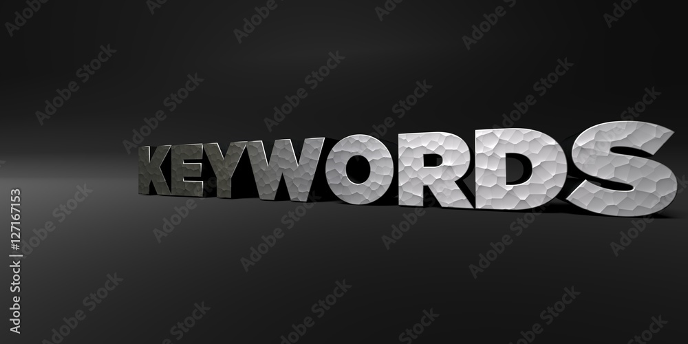 KEYWORDS - hammered metal finish text on black studio - 3D rendered royalty free stock photo. This image can be used for an online website banner ad or a print postcard. KEYWORDS - hammered metal finish text on black studio - 3D rendered royalty free stock photo. This image can be used for an online website banner ad or a print postcard.