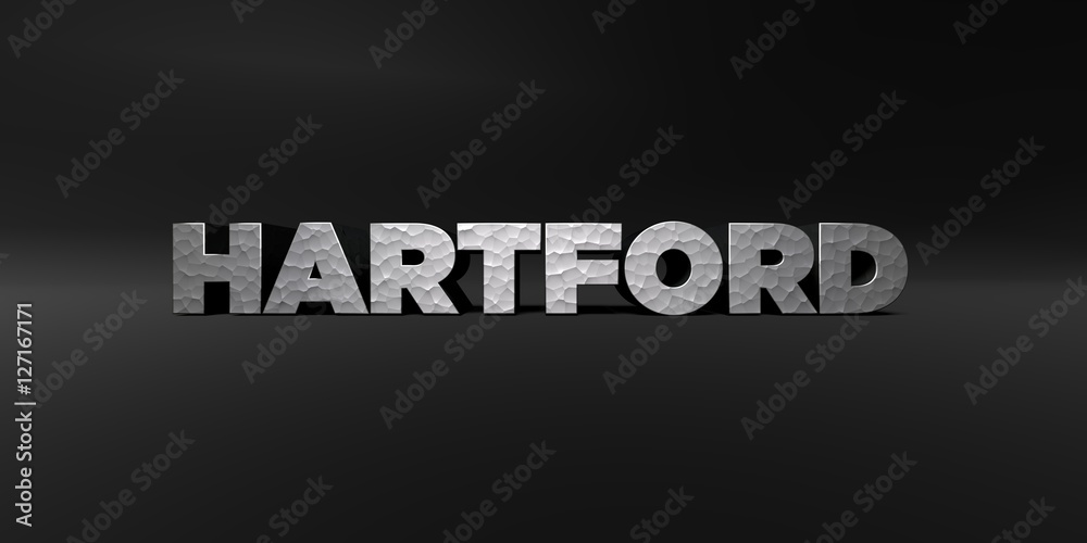 HARTFORD - hammered metal finish text on black studio - 3D rendered royalty free stock photo. This image can be used for an online website banner ad or a print postcard.