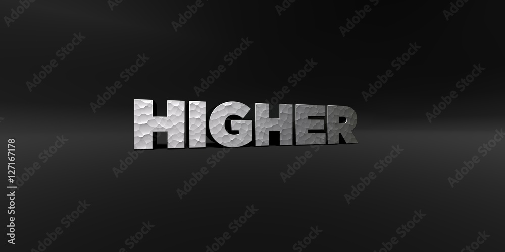 HIGHER - hammered metal finish text on black studio - 3D rendered royalty free stock photo. This image can be used for an online website banner ad or a print postcard. HIGHER - hammered metal finish text on black studio - 3D rendered royalty free stock photo. This image can be used for an online website banner ad or a print postcard.