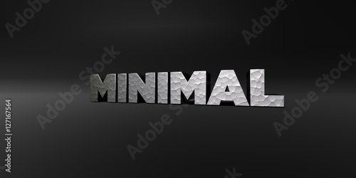 MINIMAL - hammered metal finish text on black studio - 3D rendered royalty free stock photo. This image can be used for an online website banner ad or a print postcard.