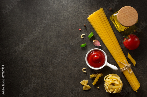 pasta and food ingredient on table