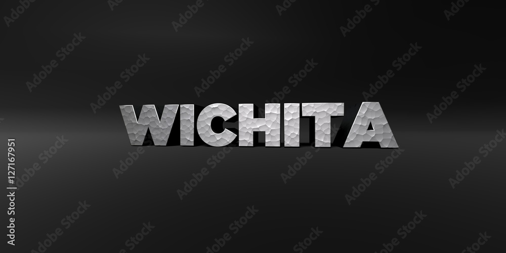 WICHITA - hammered metal finish text on black studio - 3D rendered royalty free stock photo. This image can be used for an online website banner ad or a print postcard.