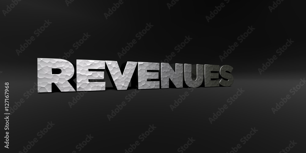 REVENUES - hammered metal finish text on black studio - 3D rendered royalty free stock photo. This image can be used for an online website banner ad or a print postcard. REVENUES - hammered metal finish text on black studio - 3D rendered royalty free stock photo. This image can be used for an online website banner ad or a print postcard.