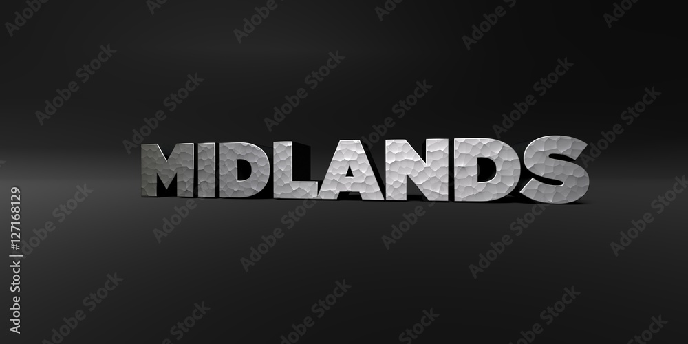 MIDLANDS - hammered metal finish text on black studio - 3D rendered royalty free stock photo. This image can be used for an online website banner ad or a print postcard.