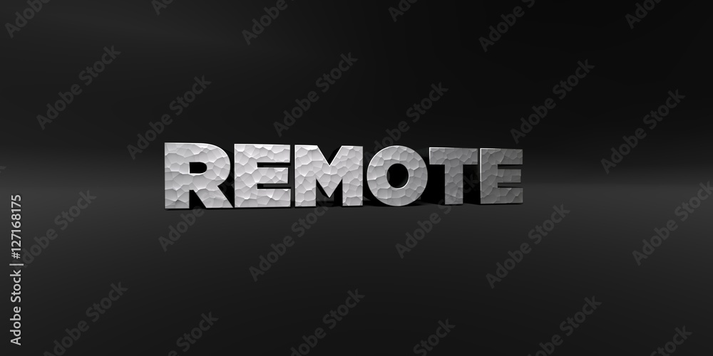 REMOTE - hammered metal finish text on black studio - 3D rendered royalty free stock photo. This image can be used for an online website banner ad or a print postcard.