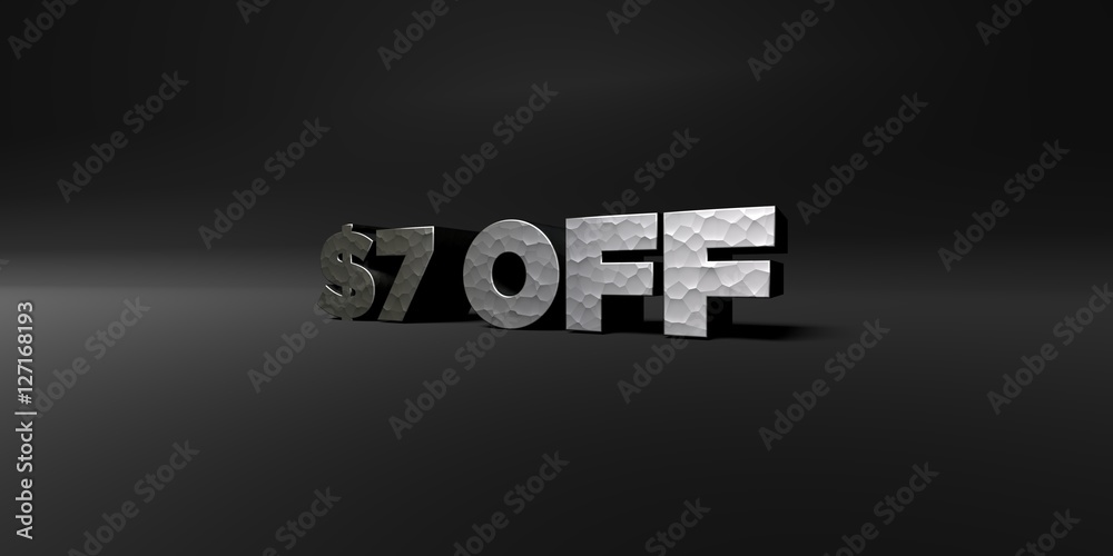 $7 OFF - hammered metal finish text on black studio - 3D rendered royalty free stock photo. This image can be used for an online website banner ad or a print postcard. $7 OFF - hammered metal finish text on black studio - 3D rendered royalty free stock photo. This image can be used for an online website banner ad or a print postcard.