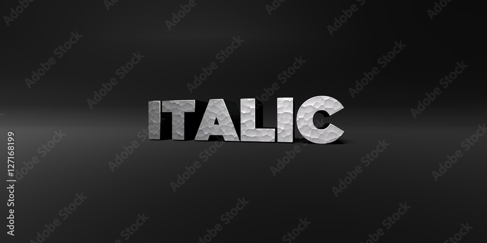 ITALIC - hammered metal finish text on black studio - 3D rendered royalty free stock photo. This image can be used for an online website banner ad or a print postcard. ITALIC - hammered metal finish text on black studio - 3D rendered royalty free stock photo. This image can be used for an online website banner ad or a print postcard.