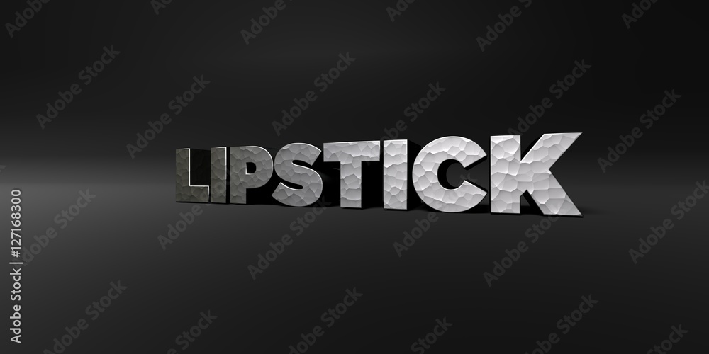 LIPSTICK - hammered metal finish text on black studio - 3D rendered royalty free stock photo. This image can be used for an online website banner ad or a print postcard.