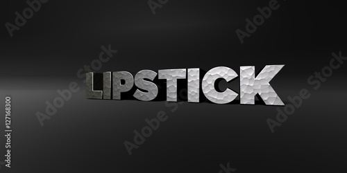 LIPSTICK - hammered metal finish text on black studio - 3D rendered royalty free stock photo. This image can be used for an online website banner ad or a print postcard.