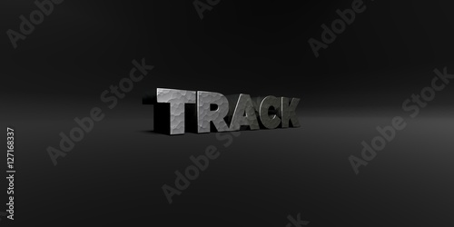 TRACK - hammered metal finish text on black studio - 3D rendered royalty free stock photo. This image can be used for an online website banner ad or a print postcard.