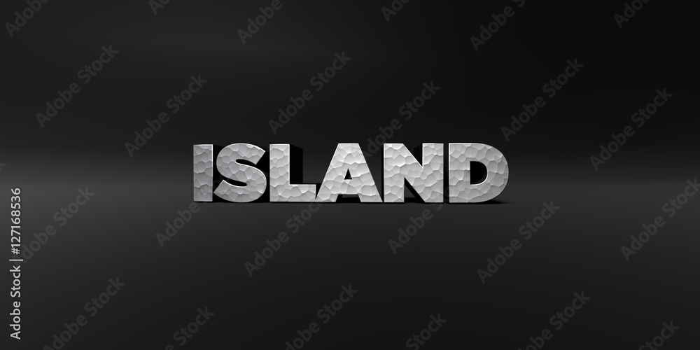 ISLAND - hammered metal finish text on black studio - 3D rendered royalty free stock photo. This image can be used for an online website banner ad or a print postcard. ISLAND - hammered metal finish text on black studio - 3D rendered royalty free stock photo. This image can be used for an online website banner ad or a print postcard.