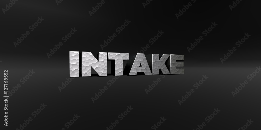 INTAKE - hammered metal finish text on black studio - 3D rendered royalty free stock photo. This image can be used for an online website banner ad or a print postcard.