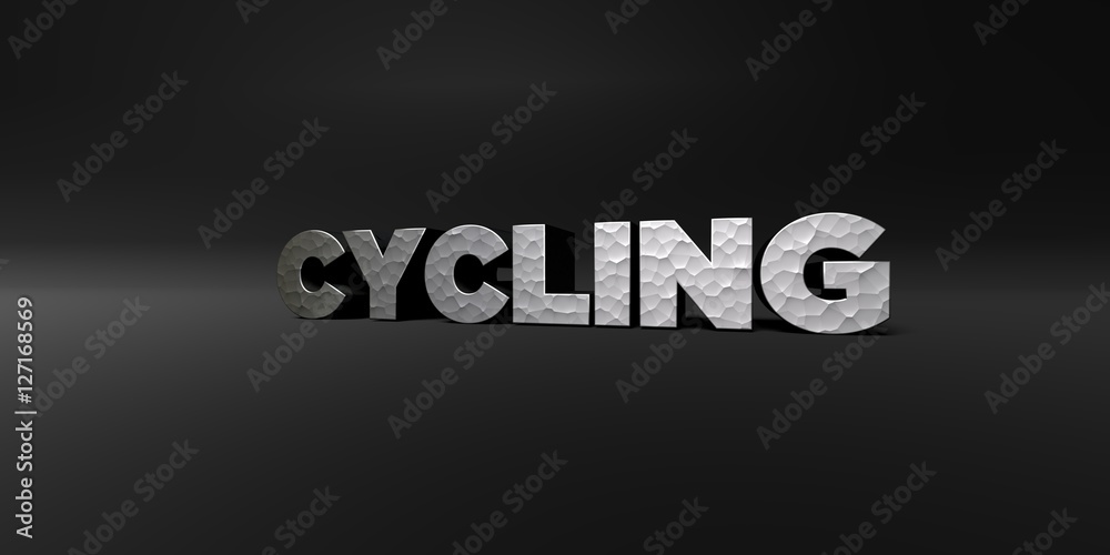 CYCLING - hammered metal finish text on black studio - 3D rendered royalty free stock photo. This image can be used for an online website banner ad or a print postcard.