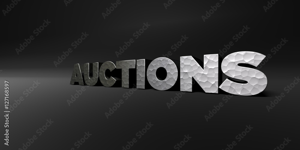 AUCTIONS - hammered metal finish text on black studio - 3D rendered royalty free stock photo. This image can be used for an online website banner ad or a print postcard. AUCTIONS - hammered metal finish text on black studio - 3D rendered royalty free stock photo. This image can be used for an online website banner ad or a print postcard.