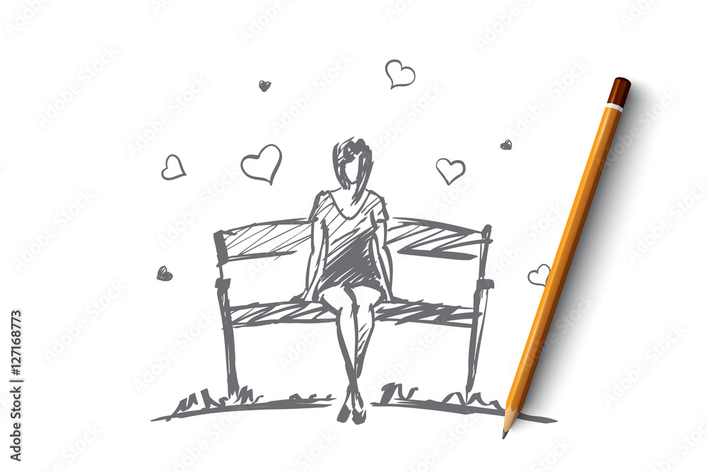 Vector hand drawn girl hearts concept sketch with pencil over it. Young girl in love sitting on bench