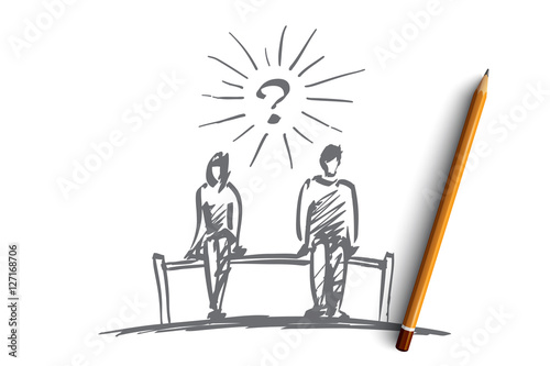 Vector hand drawn chess couple question concept sketch with pencil over it. Man and woman sitting on bench with space between them