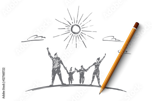 Vector hand drawn family concept sketch with pencil over it. Happy man, woman and two children standing and holding each other with raised hands under the Sun