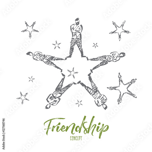 Vector hand drawn friendship concept sketch. People lying on floor and forming stars with their raised legs. Lettering Friendship concept