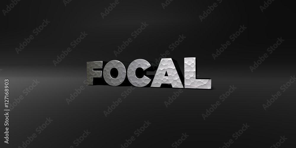 FOCAL - hammered metal finish text on black studio - 3D rendered royalty free stock photo. This image can be used for an online website banner ad or a print postcard.