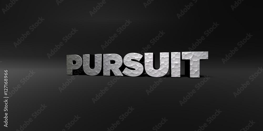 PURSUIT - hammered metal finish text on black studio - 3D rendered royalty free stock photo. This image can be used for an online website banner ad or a print postcard. PURSUIT - hammered metal finish text on black studio - 3D rendered royalty free stock photo. This image can be used for an online website banner ad or a print postcard.