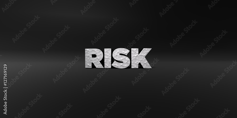 Obraz premium RISK - hammered metal finish text on black studio - 3D rendered royalty free stock photo. This image can be used for an online website banner ad or a print postcard.