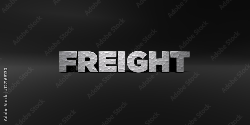 FREIGHT - hammered metal finish text on black studio - 3D rendered royalty free stock photo. This image can be used for an online website banner ad or a print postcard.