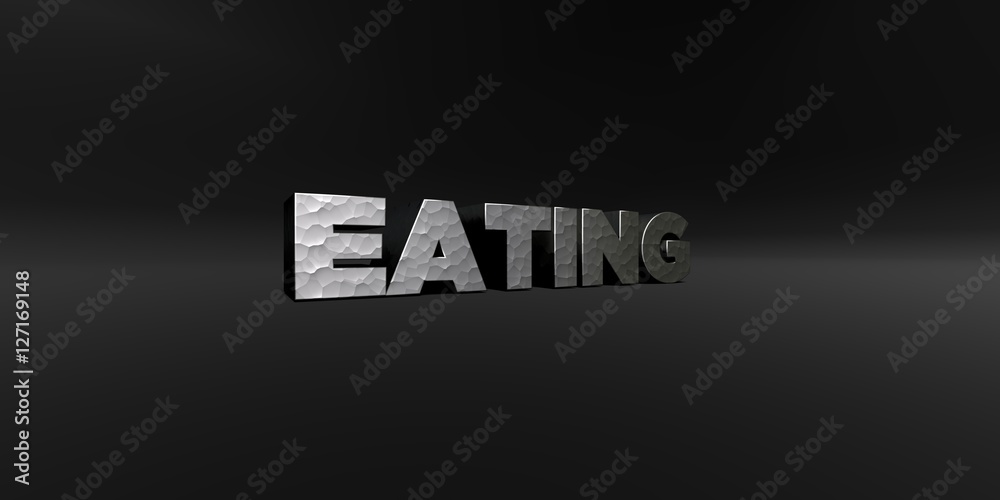 EATING - hammered metal finish text on black studio - 3D rendered royalty free stock photo. This image can be used for an online website banner ad or a print postcard.