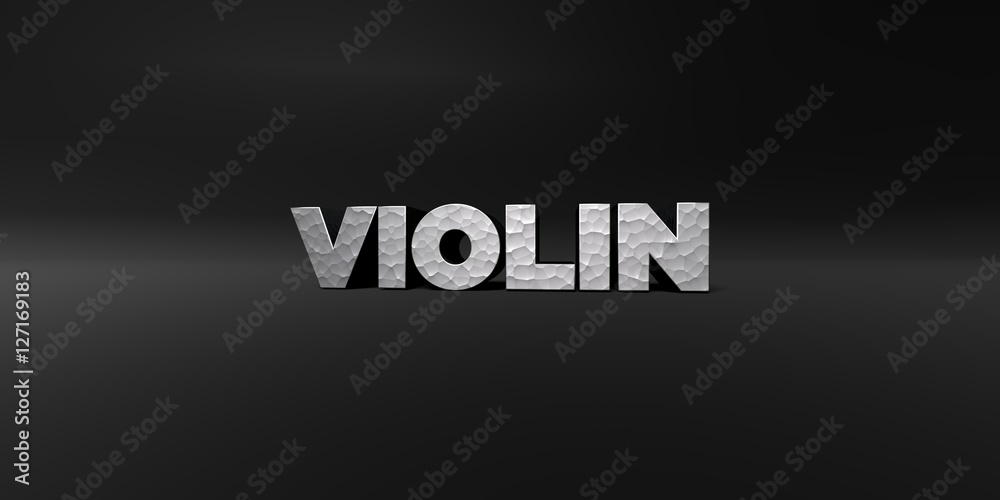 VIOLIN - hammered metal finish text on black studio - 3D rendered royalty free stock photo. This image can be used for an online website banner ad or a print postcard.