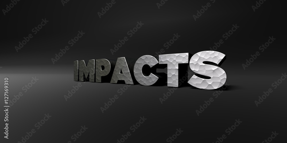 IMPACTS - hammered metal finish text on black studio - 3D rendered royalty free stock photo. This image can be used for an online website banner ad or a print postcard. IMPACTS - hammered metal finish text on black studio - 3D rendered royalty free stock photo. This image can be used for an online website banner ad or a print postcard.