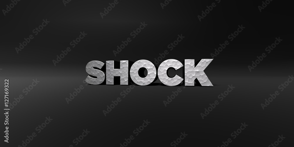 SHOCK - hammered metal finish text on black studio - 3D rendered royalty free stock photo. This image can be used for an online website banner ad or a print postcard. SHOCK - hammered metal finish text on black studio - 3D rendered royalty free stock photo. This image can be used for an online website banner ad or a print postcard.