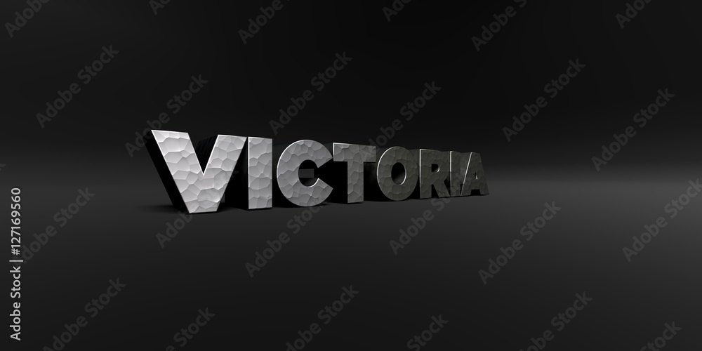 VICTORIA - hammered metal finish text on black studio - 3D rendered royalty free stock photo. This image can be used for an online website banner ad or a print postcard.