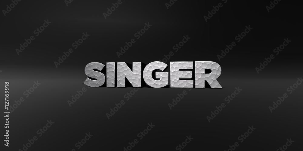 Obraz premium SINGER - hammered metal finish text on black studio - 3D rendered royalty free stock photo. This image can be used for an online website banner ad or a print postcard.
