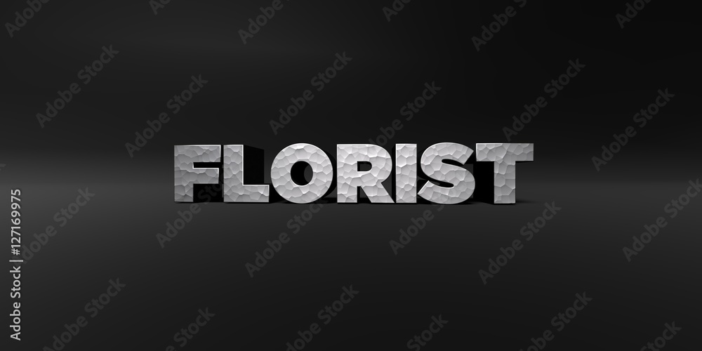 FLORIST - hammered metal finish text on black studio - 3D rendered royalty free stock photo. This image can be used for an online website banner ad or a print postcard. FLORIST - hammered metal finish text on black studio - 3D rendered royalty free stock photo. This image can be used for an online website banner ad or a print postcard.