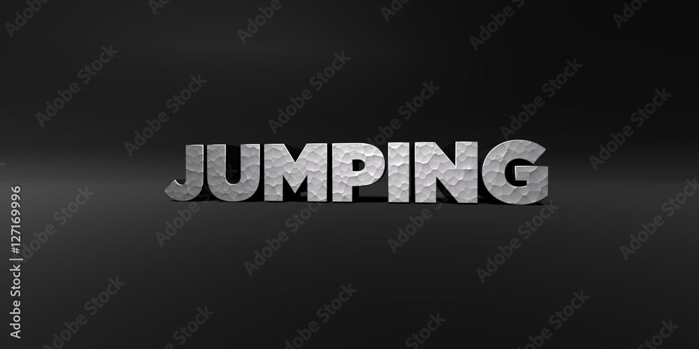 JUMPING - hammered metal finish text on black studio - 3D rendered royalty free stock photo. This image can be used for an online website banner ad or a print postcard. JUMPING - hammered metal finish text on black studio - 3D rendered royalty free stock photo. This image can be used for an online website banner ad or a print postcard.