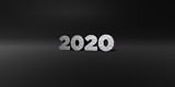 2020 - hammered metal finish text on black studio - 3D rendered royalty free stock photo. This image can be used for an online website banner ad or a print postcard.
